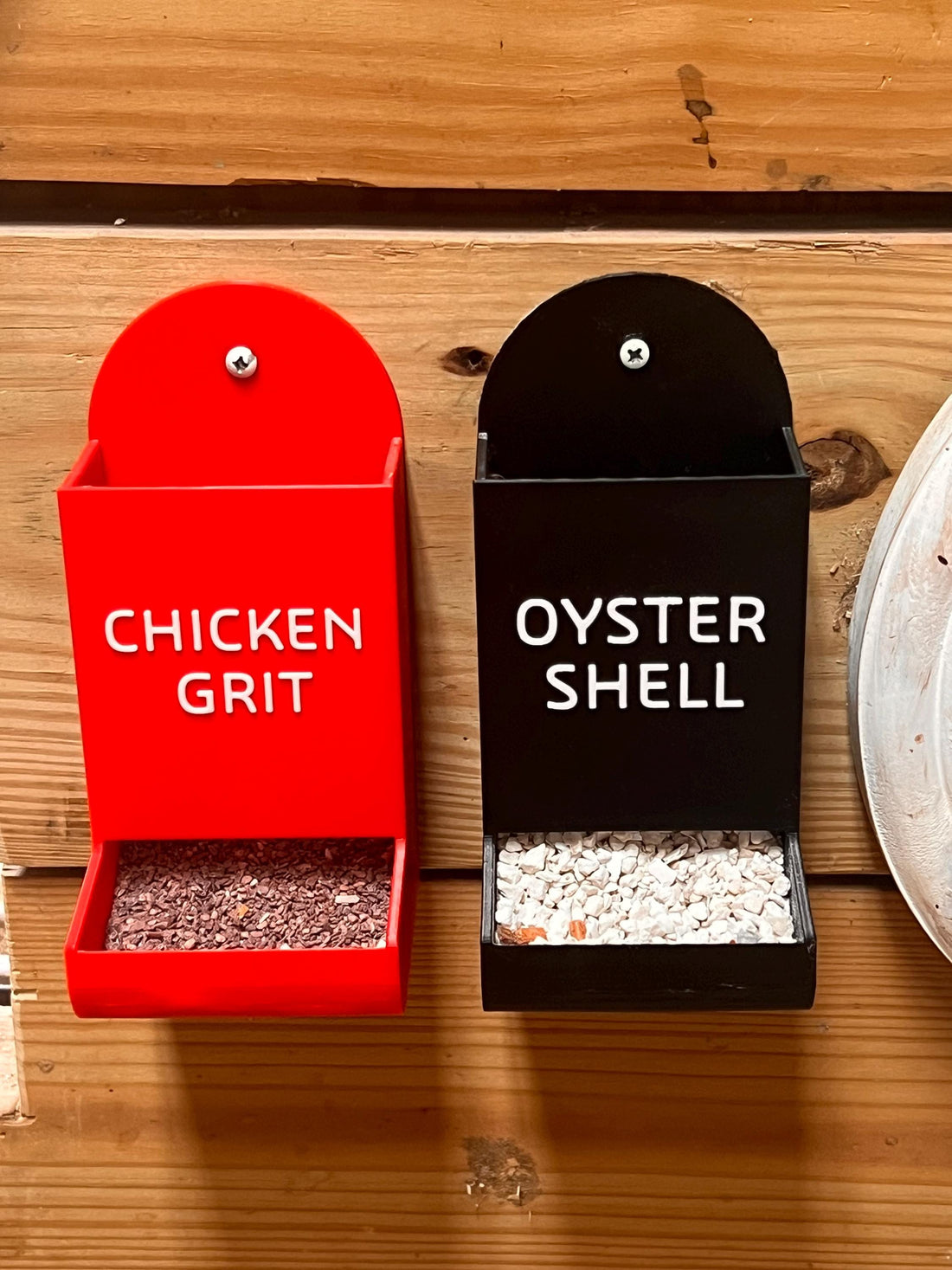 3D printed oyster shell and grit feeder mounted in a chicken coop