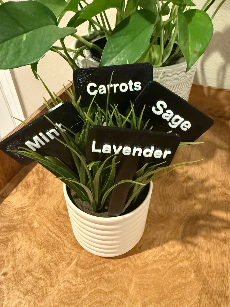 Custom 3D printed garden markers with raised text by Apollo's Printing